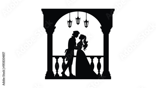Romantic couple silhouette kissing on balcony with arch and hanging lanterns at night