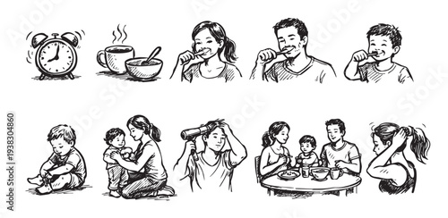 Black and white sketched illustration depicting a family's morning routine, including waking up, brushing teeth, getting dressed, drying hair, and eating breakfast together as a family.