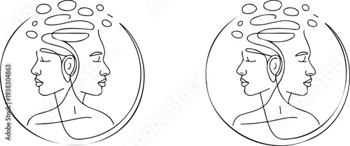 Foto Two line art faces in profile within a circle, artistic sketch, abstract portrai