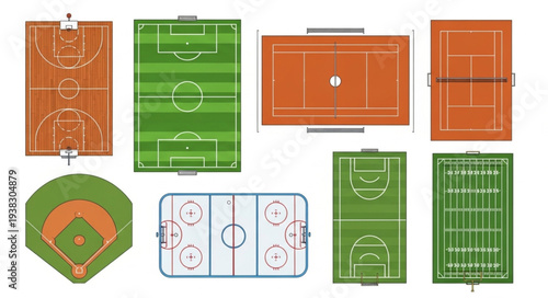Collection of Various Sports Fields and Courts Top View.