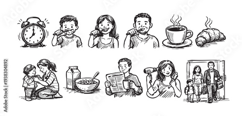 Hand-drawn sketch showing a family's morning routine, from brushing teeth and eating breakfast to leaving for the day, conveying a sense of everyday life.