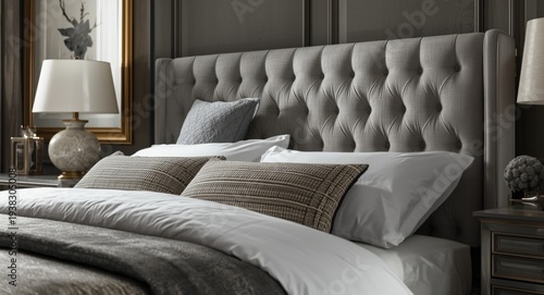 Classic bed with grey upholstered headboard and bedding set viewed from the side