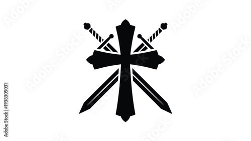 Black silhouette of a cross with three swords symbolizing strength and protection on a white background