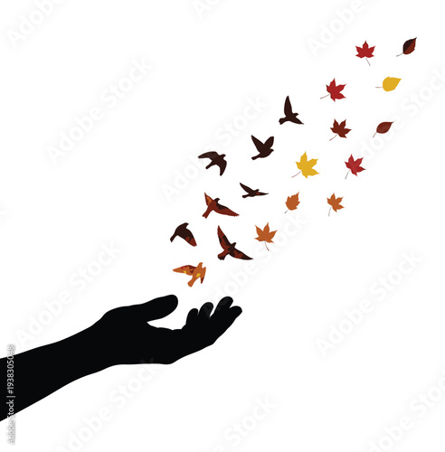 Vector illustration of a hand releasing flying birds in the sky with nature design elements