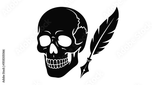Black skull with feather quill pen on white background symbolizing death and writing or creativity