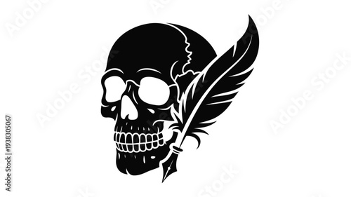 Black skull with feather quill pen illustration symbolizing death and writing on white background