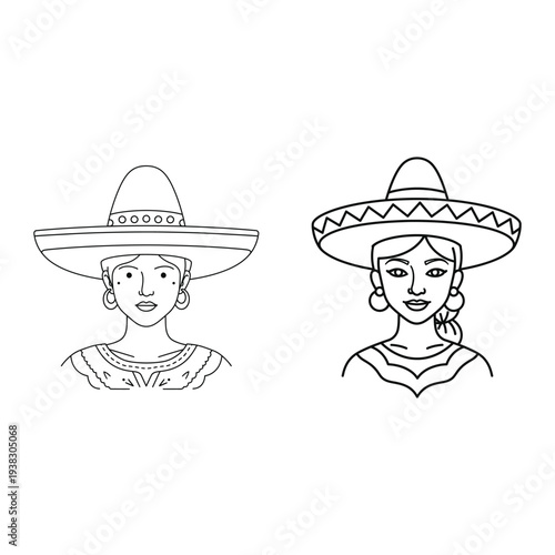 Mexican Women Line Art Illustrations: Traditional Sombrero Hats & Embroidered Blouses, Festive Latina Culture, Vector Graphics for Cinco de Mayo, Fiesta, and Cultural Designs