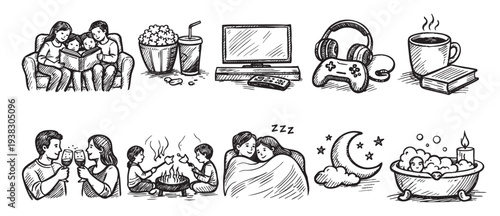 A sketch style vector illustration featuring various cozy indoor activities like reading, watching TV, gaming, camping, and relaxing, perfect for promoting a relaxing lifestyle.