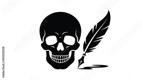 Black silhouette of human skull with quill pen writing on plain white background symbolizing creativity and mortality together