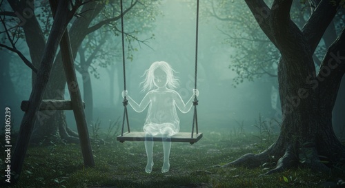 Ghost Girl on Swing: A spectral girl sits serenely on a swing, suspended amidst the mist of a mystical forest, an ethereal and haunting image.