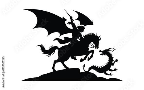 Knight on horseback fights dragon silhouette illustration with dramatic lighting and mythical creatures