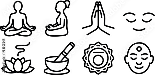 Yoga and meditation icons of people in poses lotus flower incense and chakras representing inner peace