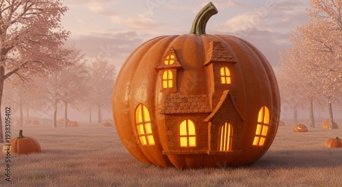 Mystical pumpkin house at dusk: A whimsical pumpkin, intricately carved into the shape of a house, glows with inviting warmth against the backdrop of a serene autumnal landscape.