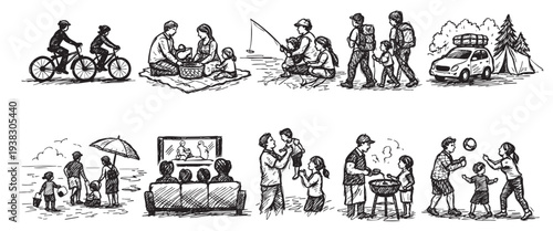Black and white sketch of family activities including biking, picnic, fishing, hiking, camping, beach, watching TV, playing and BBQ, ideal for illustration, design, family, or leisure.