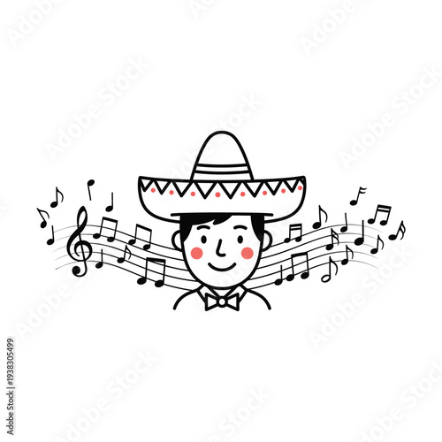 Cheerful Man in Sombrero with Musical Notes & Treble Clef - Festive Cartoon Illustration for Cultural & Celebration Themes