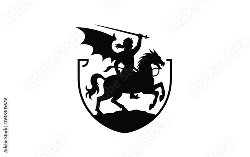 Black silhouette of a rider on horseback with wings holding sword in shield emblem heraldic symbol coat of arms mythology fantasy adventure bravery strength protection graphic