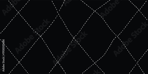 Minimal dashed diamond grid pattern on black background with stitched lines. Abstract geometric lattice texture with elegant repeating design. Modern dark backdrop for textile, wallpaper.