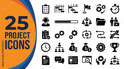 Twenty-five project management icons detail workflow and task.
