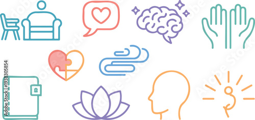 Armchair heart bubble brain hands puzzle heart wind notepad lotus head mind icons set colorful