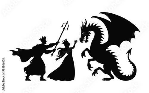 Silhouetted wizards casting spell to control mythical dragon in mystical atmosphere with magic staff and ancient incantations