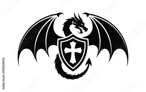 Black dragon emblem with shield and cross symbolizing protection and strength in a mythical creature design concept
