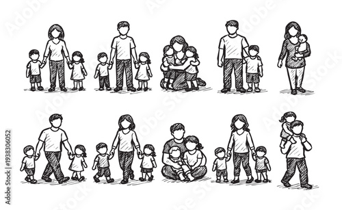 Hand-drawn sketches depict various families, including parents holding hands with their children, embracing them, or carrying babies, showcasing themes of love and togetherness.