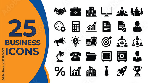 Twenty-five diverse business icons represent corporate concepts.