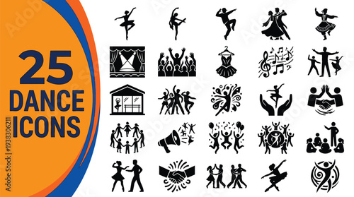 A collection of twenty-five dance activity icons presented in.