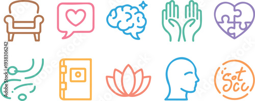 Armchair speech bubble heart brain hands caring heart puzzle pieces wind notepad lotus flower head silhouette