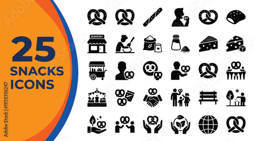 Twenty-five black and white snack icons displayed on a banner.