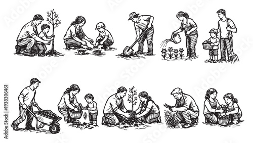 Black and white sketch illustration depicting a family engaging in various gardening activities, including planting trees, watering flowers, pulling weeds, and raking leaves, fostering connection.