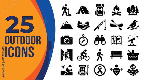 Outdoor icons depict hiking and camping.