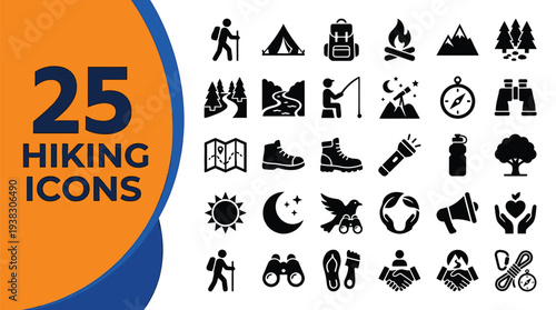 Collection of twenty-five icons detailing hiking and outdoor.