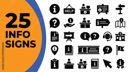 Information signs collection features help desk and location markers.
