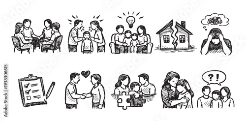 Hand-drawn illustrations showing family dynamics and therapy sessions, including communication, conflict, reconciliation, and support, suitable for articles about mental health and relationships.