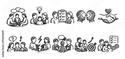 Hand-drawn sketch icons depict teamwork, brainstorming, problem solving, conflict resolution, agreements, success, and processes, offering visual metaphors for various business and social concepts.
