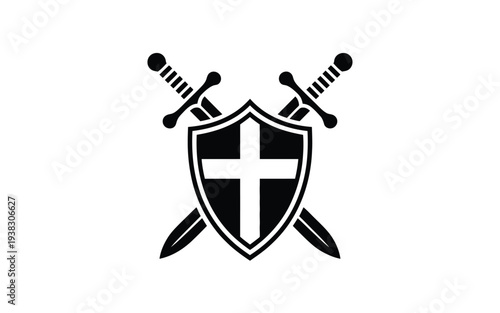 Black and white shield with white cross and crossed swords symbolizing protection and strength in a simple graphic design