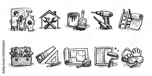 A collection of hand-drawn sketches depict home improvement tools, activities, and blueprints, rendered in black and white with cross-hatching for texture. Great for renovation concepts.