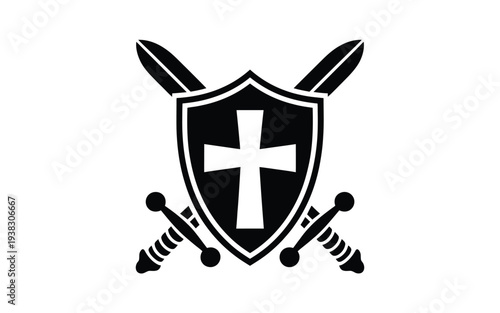 Black shield with white cross and crossed swords symbolizing protection strength and courage in a simple graphic design