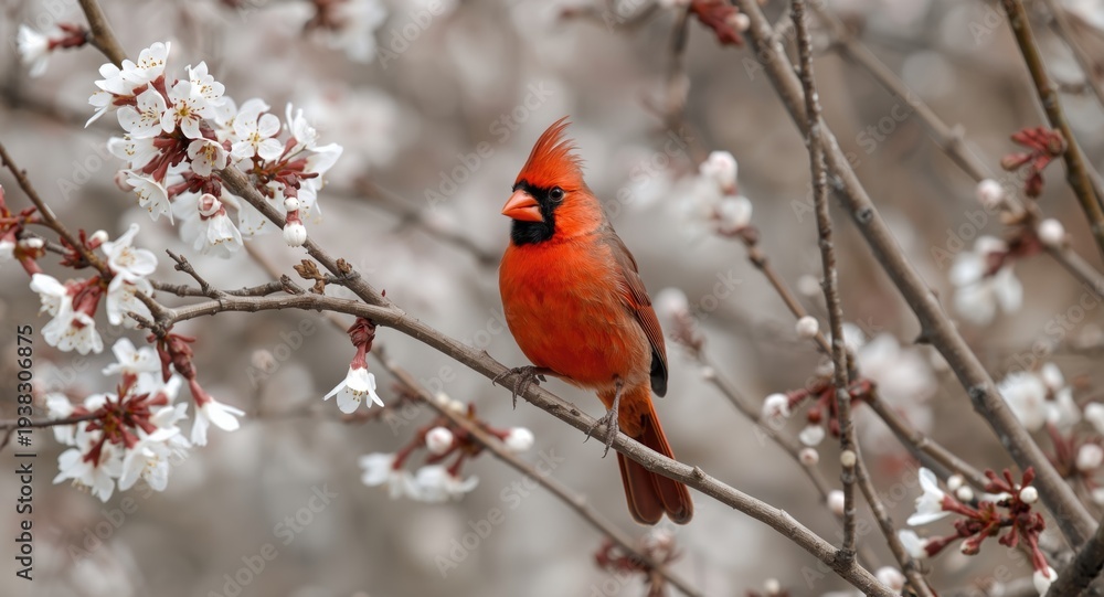 Obraz premium Bright male northern cardinal perched on a flowering tree branch in early spring