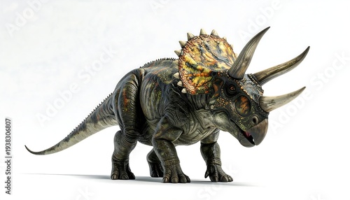 Triceratops dinosaur with three horns, frill, standing in full view against a bright white background, textured skin
