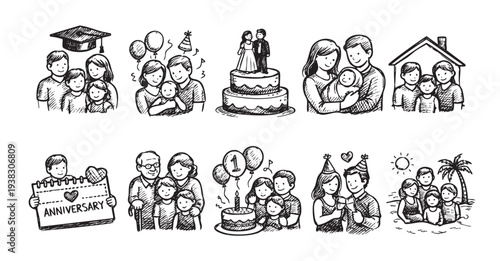 Collection of hand-drawn sketches depicting family milestones: graduation, wedding, new baby, anniversary, birthday, home, vacation, and family, in a cute, vintage style.