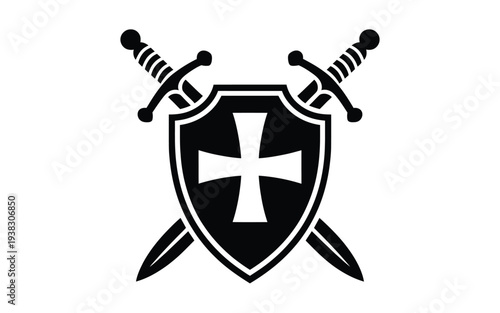 Black and white knight shield with crossed swords and white cross emblem symbolizing protection and courage in a minimalist design
