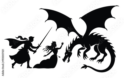 Silhouette of a woman fighting a dragon with a sword in a mythical battle scene with fantasy creatures