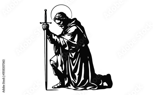 Kneeling saint holding a staff with a halo depicted in a simple black and white illustration conveying spirituality and devotion