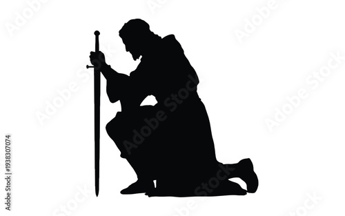 Kneeling warrior silhouette holding sword in contemplative pose on one knee minimalist black and white illustration