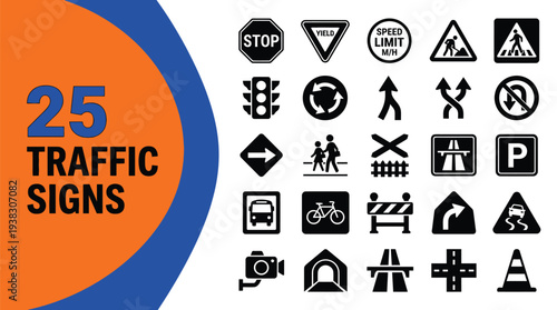 Twenty-five traffic signs illustrate road rules, including stop.