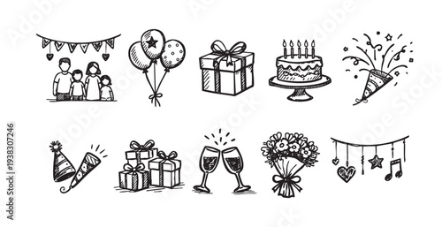 Festive hand-drawn sketch illustration in black and white, featuring party elements like a family, gifts, cake, and balloons, perfect for birthday or celebration designs.