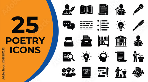 Twenty-five poetry icons include writing tools, books, and literary.