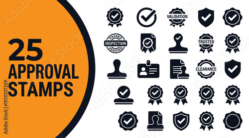 Twenty-five approval stamp icons are displayed on a graphic.